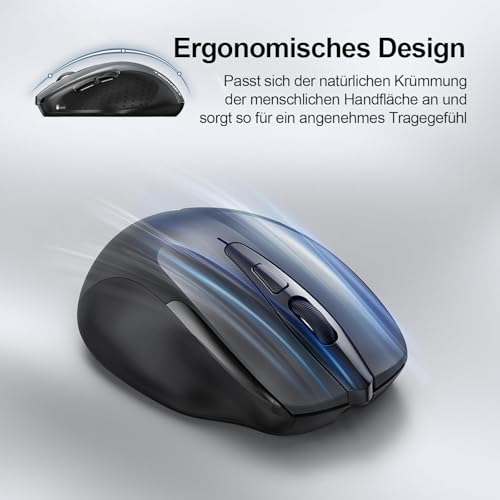 TECKNET Bluetooth Maus, Wiederaufladbare Maus Kabellos(BT 5.0/3.0 + 2.4G) | DREI Modi, 4800 DPI, Ergonomische Leise Funkmaus für Laptops, Mac OS, Android, Windows, Grau