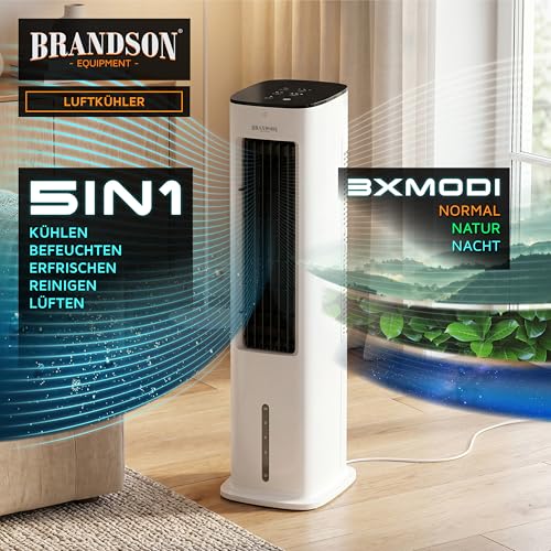 Brandson Luftkühler Wasserkühlung, Turmventilator, Fernbedienung, Weiß | Verdunstungskühler, Standventilator ohne Abluftschlauch, 5 Liter Wassertank, 2 Kühlakkus, 60° Oszillation, 3 Modi, Timer