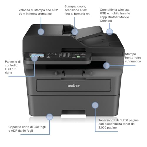 Brother MFC-L2835DW, 4-in-1 S/W-Laserdrucker, ADF, Duplex, 32 Seiten/Min. | 2-zeiliges LCD, Kassette 250 Blatt, WLAN, LAN und USB, Starttoner für 1.200 Seiten