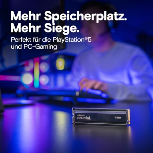 Crucial P510 SSD 1TB M.2 NVMe PCIe 5.0 x4 Gen5 mit Kühlkörper, bis zu 11.000 MB/s Lesen, 9.500 MB/s Schreiben, für Desktop PC & PS5, TLC NAND, Interne Festplatte - CT1000P510SSD5-01