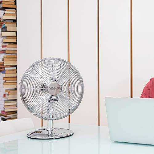 Cecotec Tischventilator EnergySilence 620 RetroDesk, 40 W | 30 cm Durchmesser, 4 Aerodynamikflügel, 3 Geschwindigkeiten, Oszillation, Chrom-Design
