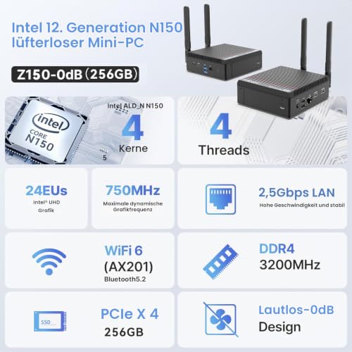 MINIX Z150-0dB lüfterloser Mini-PC, Intel N150 (aktualisiert N100), 8 GB DDR4/256 GB PCIe Gen3 x 4 SSD/4K Dual Display/2.5G LAN/USB-C/Windows 11 Pro/Auto Start, Home Office