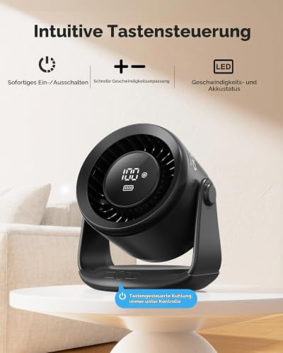 Gaiatop Tischventilator, Leiser Akku Ventilator mit 6 Stufen & LED Display
