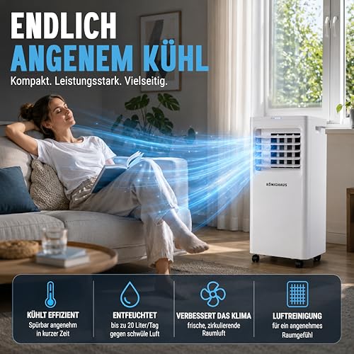 Könighaus Smarte EU Mobile Klimaanlage 7000 BTU – für deutsche Kippfenster geeignet - Kühlung, Entfeuchtung, Ventilator und Luftreinigung – energieeffizient (A) – inkl. Fernbedienung und App