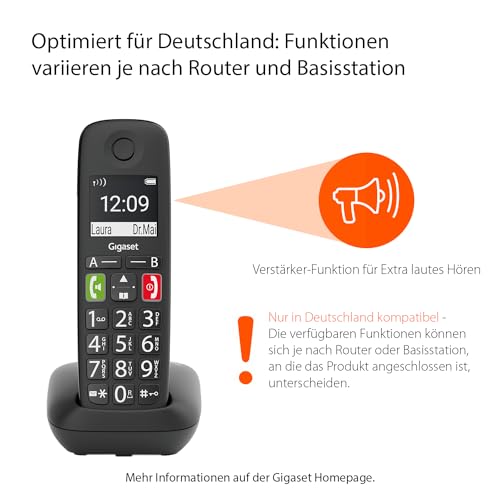 Gigaset E290 - Schnurloses Senioren-Telefon ohne Anrufbeantworter mit großen Tasten - Zielwahltasten für wichtige Nummern, Verstärker-Funktion für extra lautes Hören, schwarz [Deutsche Version]