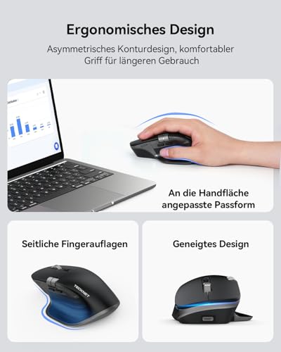 TECKNET Bluetooth kabellose Maus(BT 5.3/5.0+2,4G), Seitliches Mausrad | 700mAh Wiederaufladbare, Ergonomisches, Geräuschloses Klicken 4800 DPI, 7 Tasten, für Mac OS,Windows, Schwarz