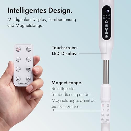 VonHaus 42 cm Standventilator – Ventilator Leise mit Ferbedienung, 24 Geschwindigkeiten, 3 Modi, 15-h-Timer, 80°-Schwenkfunktion, Einstellbare Höhe, LED, 5 Blätter – für Zuhause oder Büro
