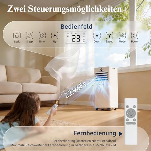 Klimaanlage Mobil 9000 BTU,4-in-1 - LED Display&Fernbedienung,leise mobile klimaanlage mit einem Fenstermontagesatz,klimagerät mit abluftschlauch,Raumgröße bis 88m³(33㎡) Tragbare