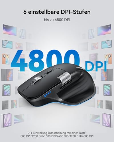 TECKNET Bluetooth kabellose Maus(BT 5.3/5.0+2,4G), Seitliches Mausrad | 700mAh Wiederaufladbare, Ergonomisches, Geräuschloses Klicken 4800 DPI, 7 Tasten, für Mac OS,Windows, Schwarz