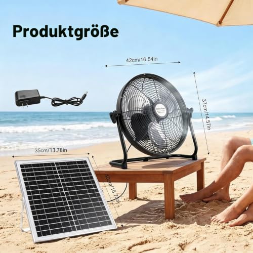 Solar Ventilator Outdoor Windmaschine 12 Zoll Ø, Ventilator mit Solarpanel Leise aus Metall, Leiser Camping Bodenventilator 12 Stufen, 360° Verstellbar, USB Ausgang, Schwarz, fürs Camping, Zuhause