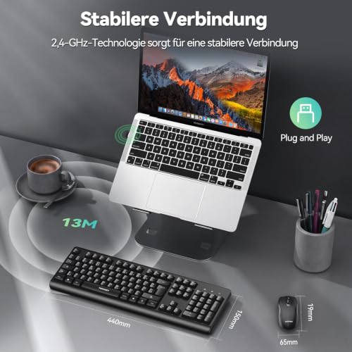 TECKNET Tastatur Maus Set Kabellos,2.4GHz USB Tastatur und Maus Kabellos | QWERTZ Layout,Spritzwassergeschützt,Funktastatur mit Maus,Vollformat,Energieeffizientes Design,Plug & Play für Laptop/PC/Mac