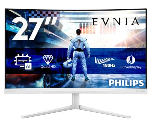 PHILIPS Evnia 27M2C5501-27 Zoll Quad HD Curved Gaming Monitor, 180 Hz, 1 ms, FreeSync Premium, HDR10, Ambiglow (2560x1440, 2X HDMI 2.0, 1x DisplayPort 1.4) Weiss