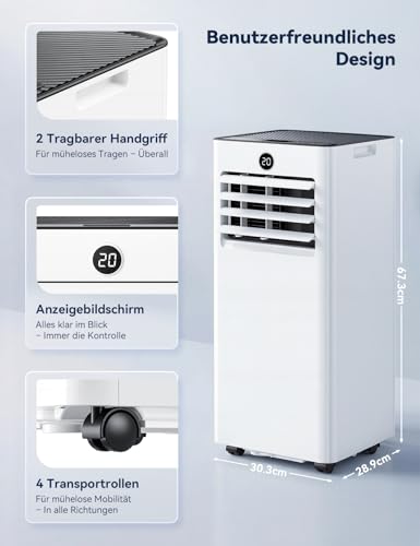 JUMMICO 7000 BTU Mobile Klimaanlage mit Abluftschlauch & Fensterkit | 4-in-1: Kühlen, Entfeuchten, Ventilator, Schlafmodus | Fernbedienung mit Timer | Für Räume bis 20 m²