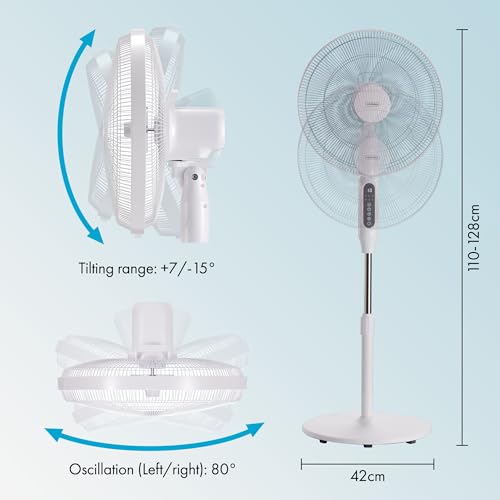 VonHaus 42 cm Standventilator – Ventilator Leise mit Ferbedienung, 24 Geschwindigkeiten, 3 Modi, 15-h-Timer, 80°-Schwenkfunktion, Einstellbare Höhe, LED, 5 Blätter – für Zuhause oder Büro
