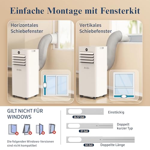 Klimaanlage Mobil 9000 BTU,4-in-1 - LED Display&Fernbedienung,leise mobile klimaanlage mit einem Fenstermontagesatz,klimagerät mit abluftschlauch,Raumgröße bis 88m³(33㎡) Tragbare