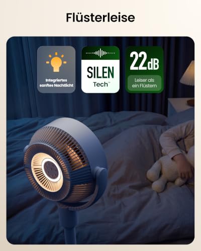SwitchBot Standventilator mit Luftzirkulation mit RGB-Beleuchtung, 22 dB-ultra-leise, Fernbedienung, Matter via Hub, 9,15 m³/min Luftstrom, höhenverstellbar, 4 Modi, 9 Geschwindigkeiten, 9h-Timer