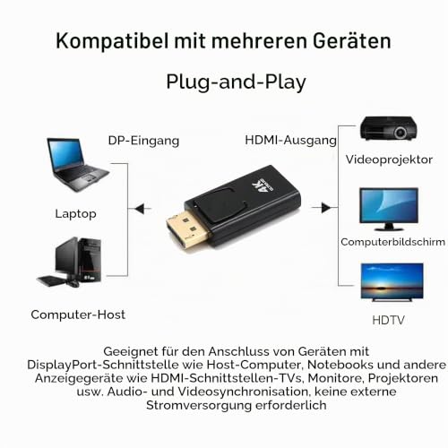 EasyULT DP zu HDMI Adapter, 4K DisplayPort zu HDMI Adapter mit Audioübertragung und Gute Qualität Auflösung
