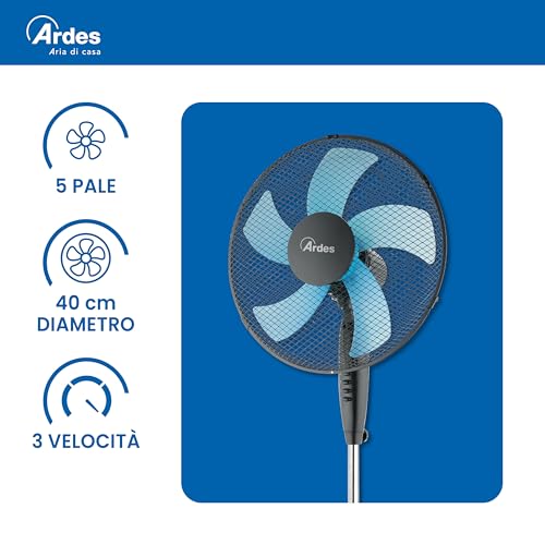 Ardes STEELO 40PN Standventilator 50W 40 cm mit Automatischer Oszillation, Höhen- und Neigungsverstellung, 3 Geschwindigkeiten, Total-Black-Design und 5 Flügel