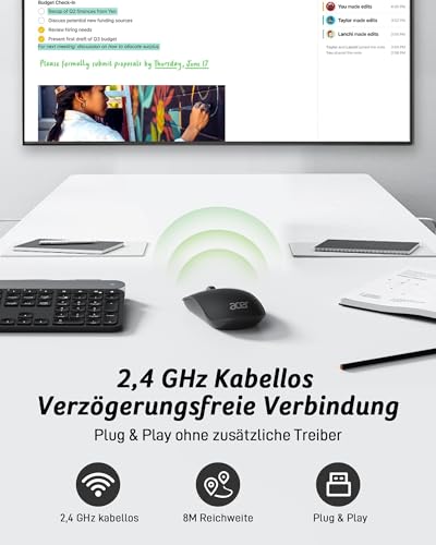 acer Ultradünne Maus Kabellose, Tragbare 2,4 GHz Funkmaus, Wireless Mouse | mit 800/1200/1600 einstellbare DPI, 4 Tasten Kabellos Computermaus, Maus Kabellos Laptop, Dell XPS, ASUS, Surface