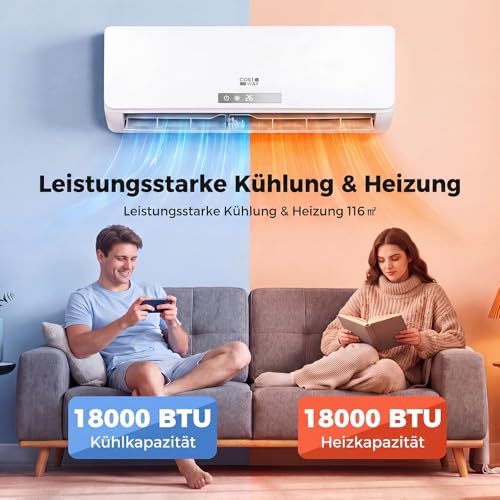 COSTWAY Klimaanlage Split 18000 BTU, 3,4kW Inverter Klimagerät leise mit Heizfunktion, WiFi & App & R32 Kältemittel, Klimasplittgeräte inkl. Montagematerial, Air Conditioner
