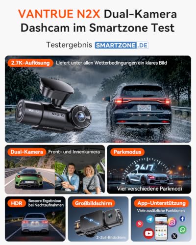 VANTRUE N2X 2.7K+1080P Dashcam Auto Vorne Innen, STARVIS 2 Dual Nachtsicht | 2.5K/60FPS Front Dash Cam, Dual HDR, 5GHz WiFi GPS, 24h Parküberwachung G-Sensor, Sprachsteuerung, DSGVO konform, max. 1TB