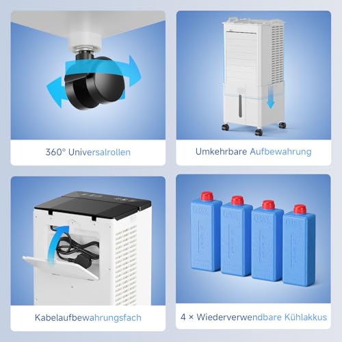 Klimagerät ohne Abluftschlauch 10L, 60W Klimaanlage Mobil, 12H Timer, klimaanlage ohne abluftschlauch 3 Modus, 120°Oszillation, Abnehmbare Wassertank, Tragbarer Luftkühler für Zuhause Büro Perlweiß