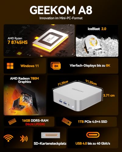 GEEKOM A8 Office Mini PCs mit AMD Ryzen 7 8745HS 16GB DDR5 1TB SSD | (max.96GB + 4TB), 3-Jahren-Garantie, AMD Radeon 780M,6X USB, 8K für Homeoffice