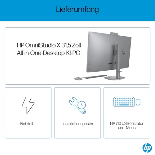 HP OmniStudio X 32-c0275ng All-in-One KI PC, 31.5 Zoll Entspiegeltes UHD-4K-Display, Intel Core Ultra 7 155H, 16 GB DDR5-SDRAM, 1 TB SSD, Intel Arc Graphics, Windows 11 Home, QWERTZ Tastatur, Silber