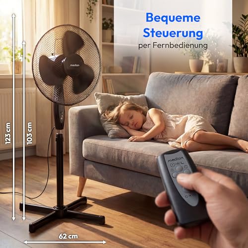 MEDION Standventilator mit Fernbedienung, drei Geschwindigkeitsstufen, 45 Watt Leistung, 36 cm, Schwenkfunktion, Oszillation, verstellbare Höhe, MD18795, schwarz