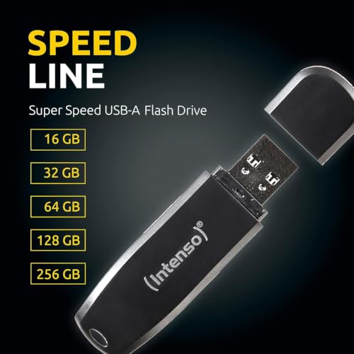 Intenso Speed Line, 64GB Speicherstick, USB-Stick 3.2 Gen 1x1, schwarz | 64 GB Speicherstick mit 70 MB/s Datentransferrate, robuster Kunststoff, kompakte Maße 19 x 65 x 9 mm, nur 8g Gewicht