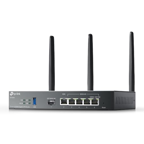 TP-Link Omada ER706W | Gigabit AX3000 Dualband-Wi-Fi-6-VPN-Gateway | 2402 Mbit/s (5 GHz) + 574 Mbit/s (2,4 GHz), 1 Gigabit-SFP-Steckplatz, 5 Gigabit-RJ45-Ports, 1 USB-3.0-Port, Lastverteilung