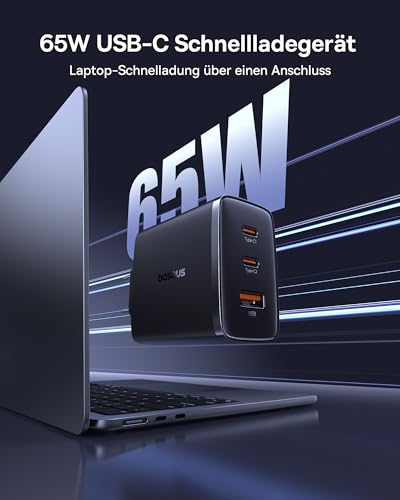 Baseus USB C Ladegerät 65W 3-Ports USB C Netzteil PD Ladegerät mit PPS, GaN Schnellladegerät kompatibel mit MacBook Pro/Air, iPad Pro, Steam Deck, iPhone 16-12 Serie, Galaxy S24 Ultra-S20, Pixel usw