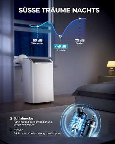 EUHOMY Mobile Klimaanlage 12000 BTU mit Abluftschlauch | 3-in-1 Mobiles Klimagerät: Kühlen, Entfeuchten, Ventilieren | 4-Stufen-Lüfter | 410 m³/h | Energieeffizienzklasse A | <50 dB | 24h-Timer