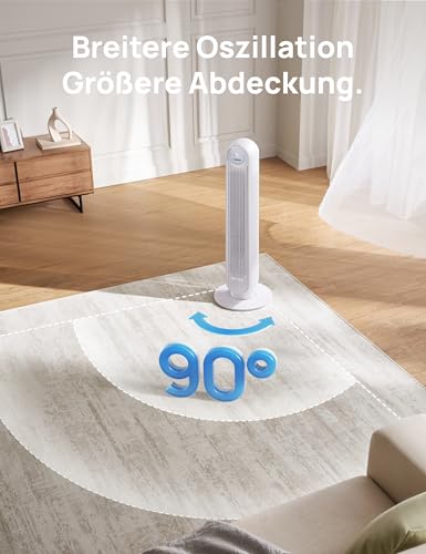 DREO Leiser Turmventilator, 10 m Wurfweite 4 Geschwindigstufen 4 Modi 8 Std. Timer 90° oszillierende Ventilator mit Kühlung Fernbedienung für Schlafzimmer, Nomad One, Weiß