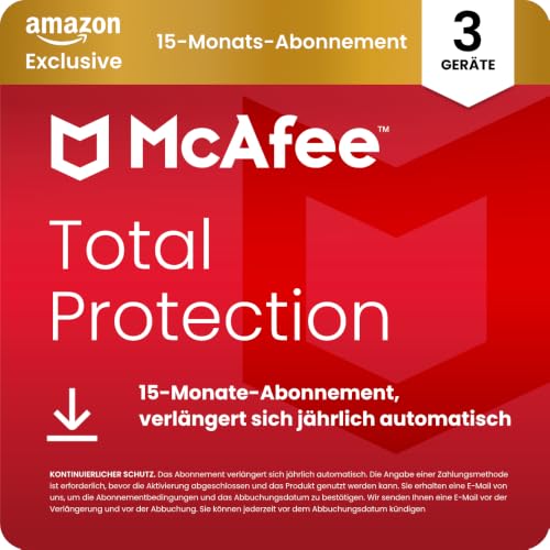 McAfee Total Protection 2026 (3 Geräte), 15 Monate Amazon Exklusiv | Virenschutz, VPN, Betrugsschutz, Sicherheitssoftware, Identitätsüberwachung | Abonnement mit automatischer Verlängerung | Download