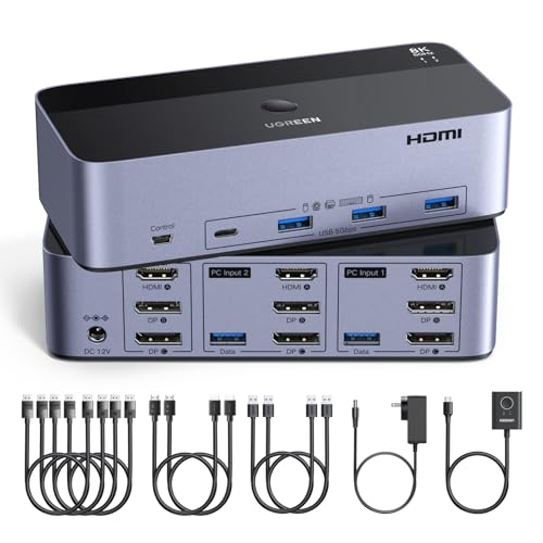 UGREEN HDMI+DP KVM Switch 2 PC 3 Monitore 8K60Hz mit 4 USB 3.0 Ports | 2DP+1HDMI KVM Switch 2 In 3 Out mit 4DP+2HDMI Kabeln; 4 USB 3.0 Ports Jede 5 Gbps Kompatibel mit Windows/Linux