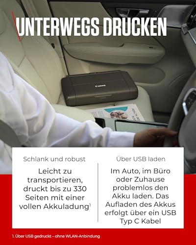 Canon PIXMA TR150 mobiler Drucker (WLAN, Cloud, AirPrint, 4.800 DPI x 1.200 DPI, Highspeed USB Typ C, OLED-Display, Tintenstrahldrucker), schwarz, 322 x 185 x 66 mm