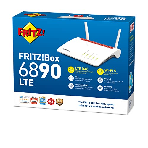 FRITZ!Box 6890 International, LTE- oder DSL-Modem (bis 300 MBit/s, WLAN AC+N bis 1.733 (5 GHz) und 800 (2,4 GHz) MBit/s, 4 x Gigabit-LAN, geeignet für Österreich/Schweiz)