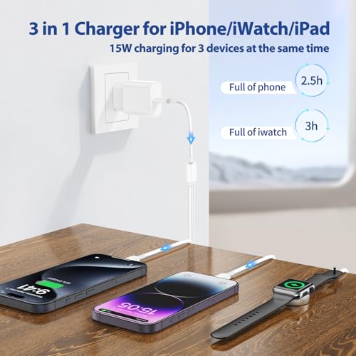 Apple Watch Ladekabel für iWatch und iPhone, 20W USB C Ladegerät mit 3 in 1 Kabel Original 2M für Apple Watch Series 9/8/7/6/SE/5/4/3/Ultra/iPhone 17/16/15/14/13/12/11/iPad
