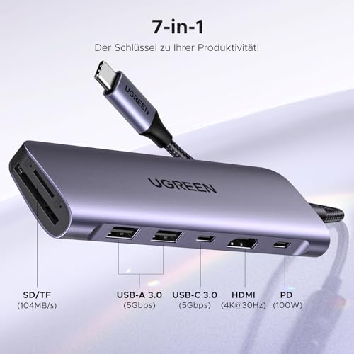 UGREEN USB C Hub HDMI 4K, Multiport Adapter mit SD/TF Kartenleser | Revodok 1071 mit PD 100W, USB 3.0 Datenports, für iPhone 17/16, MacBook Neo, iPad, Surface Laptop, Galaxy S24, Steam Deck