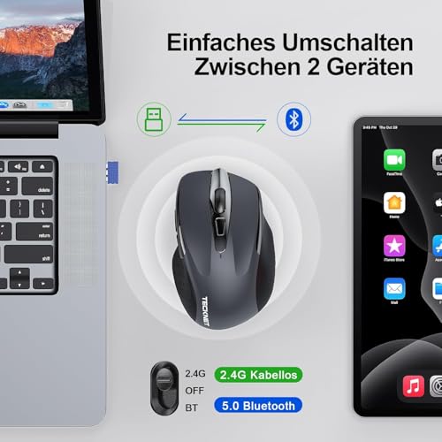 TECKNET Bluetooth Maus, Wiederaufladbare Maus Kabellos(BT 5.0/3.0 + 2.4G) | DREI Modi, 4800 DPI, Ergonomische Leise Funkmaus für Laptops, Mac OS, Android, Windows, Grau