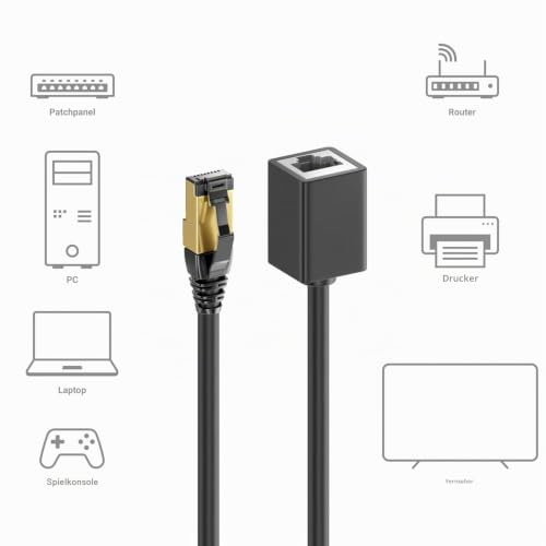 deleyCON 3,0m CAT8.1 RJ45 Verlängerung 40 GBit/s, S/FTP - Schwarz | Patchkabel Netzwerkkabel, 2000 MHz, Kupfer PiMF, 1x RJ45 Stecker, 1x RJ45 Buchse, für Ethernet LAN Gaming Streaming