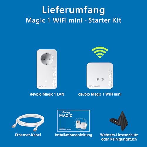 devolo Magic 1 WiFi mini Starter Kit, WLAN Powerline Adapter, bis zu 1.200 Mbit/s, WLAN Verstärker, 1x LAN Anschluss, dLAN 2.0, weiß