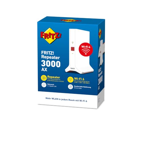 FRITZ!Repeater 3000 AX | WLAN Mesh Erweiterung | Wi-Fi 6 bis zu 4,2 GBit/s | Triband WLAN (2,4/5/5 GHz), Highspeed für Streaming & Gaming, hohe Reichweite, einfache Einrichtung, Made in Europe