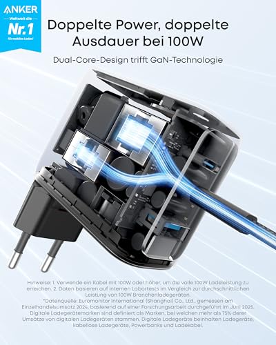 Anker 100W USB C Ladegerät, Smart Ladegerät, kompaktes 3-Port GaN Netzteil | Smart Display und Touch-Steuerung, für MacBook, iPad, iPhone 17/16/15 Serie, inkl. USB-C Kabel