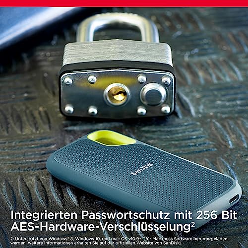 SanDisk Extreme Portable SSD 2 TB - bis zu 1.050 MB/s Lesen - Monterey | Externe SSD, kompatibel mit PC & Mac, IP65-Wasser- & -Staubschutz, 256-Bit-Verschlüsselung, USB 3.2 Gen 2, USB-C