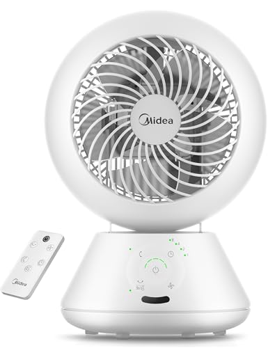 Midea MDF24JRW Tischventilator, 28 dB, Durchmesser 20 cm, für Luftzirkulation, Reichweite 18 m, Oszillation 120° + 105°, 5 einstellbare Geschwindigkeiten, Timer 15 Stunden mit Fernbedienung, für