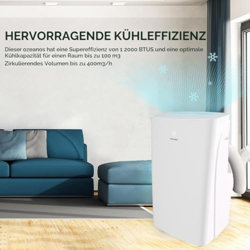 OZEANOS Mobile AC Klimagerät mit Kühlleistung bis zu 12000 BTU/h, Leiser Betrieb unter 65 dB, Timer- und Sleep-Funktion, Kühl-Ventilator- und Entfeuchtungsmodus für Räume bis 100 m3