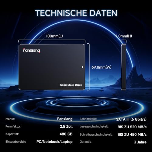 Fanxiang S101Q 480GB SATA III SSD 2,5 Zoll Interne Festplatte für PC Laptop | Bis zu 540 MB/s Lesegeschwindigkeit, Interne SSD Festplatte, 3D NAND Flash, Schneller Systemstart
