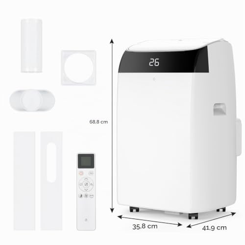 Leise Mobiles Klimagerät, 12000 BTU, Kühlung, Belüftung, Entfeuchtung, 41-51 m², 24-Stunden-Timer, mit Digitalanzeige und Fernbedienung, Energieeffizienzklasse A